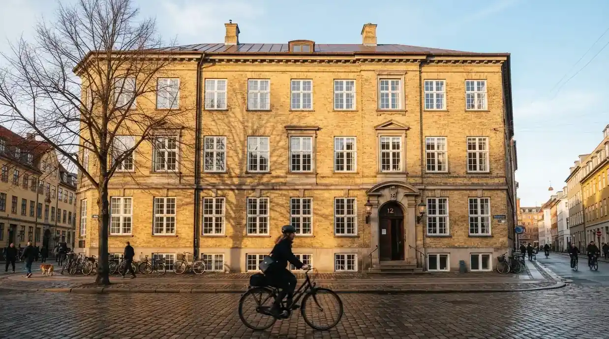 En facade af et klassisk københavnsk kontorhus i gule mursten i klart dagslys, set fra gaden med en cyklist i forgrunden.