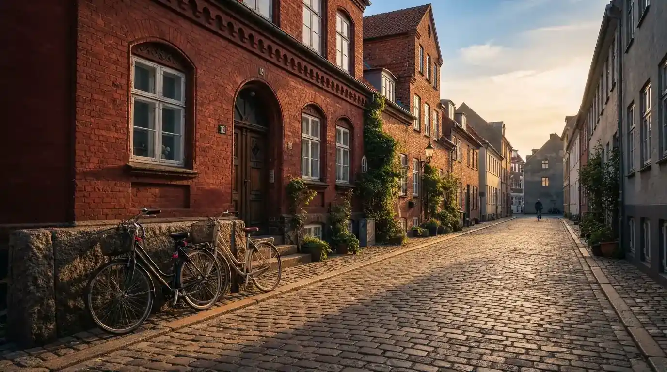 Rolig gade i Aarhus med brostensbelægning, cykler langs en mur og en bygning i rødt tegl i det sene eftermiddagslys.