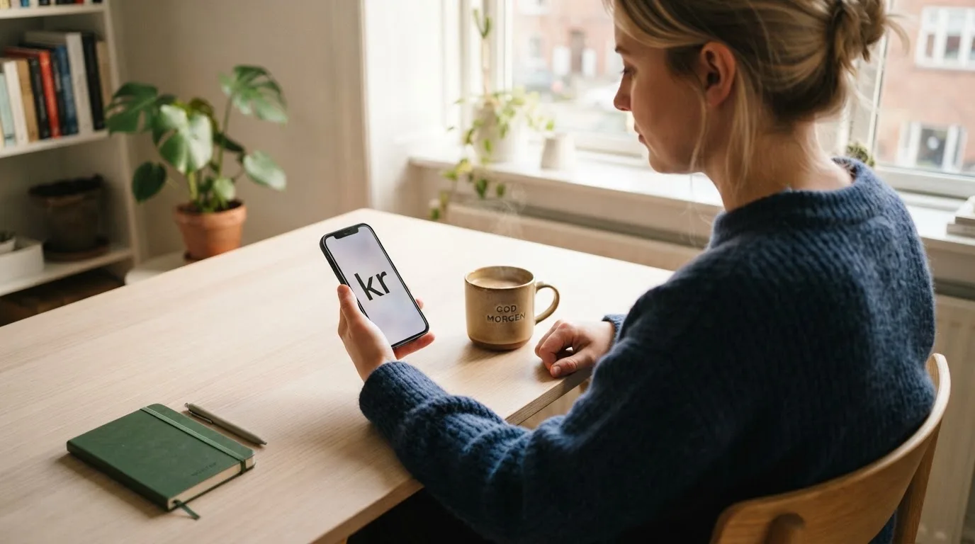 En kvinde sidder ved et skrivebord i et hjemmekontor med en kaffekop og en telefon i hånden i blødt dagslys.